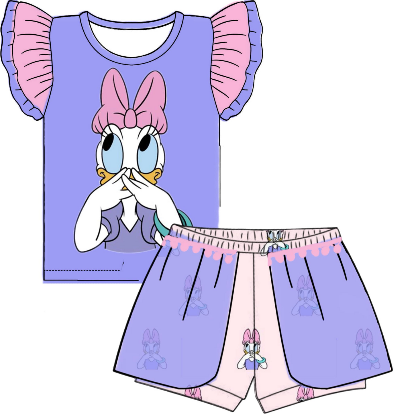 (Custom Design Preorder MOQ 5) Cartoon Duck Print Girls Summer Clothes Set