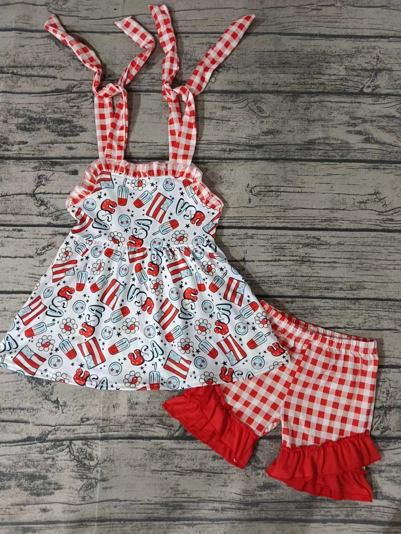 (Custom Design Preorder MOQ 5) Flowers Popsicle Strap Tunic Top Plaid Shorts Girls 4th of July Clothes Set