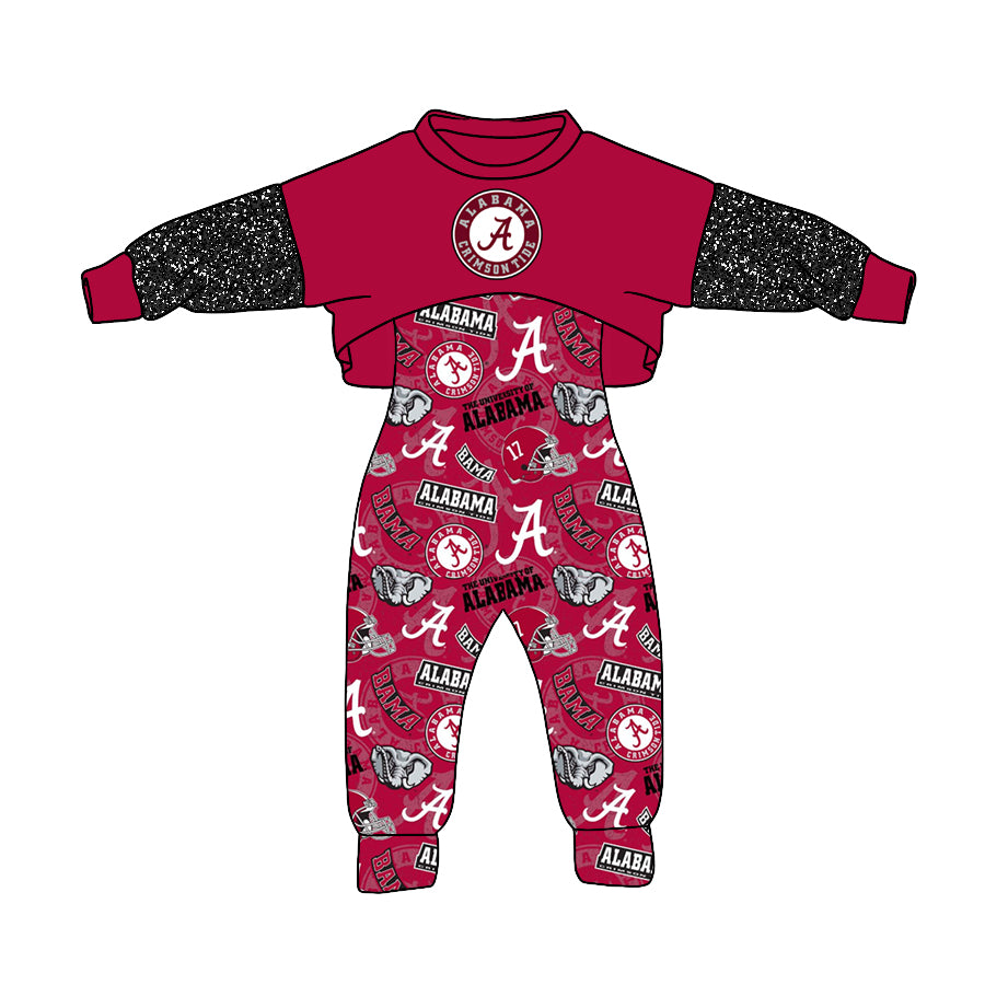 (Custom Design MOQ 5) NO.3 Wine Football Team's Print Girls Jumpsuits Clothes Set