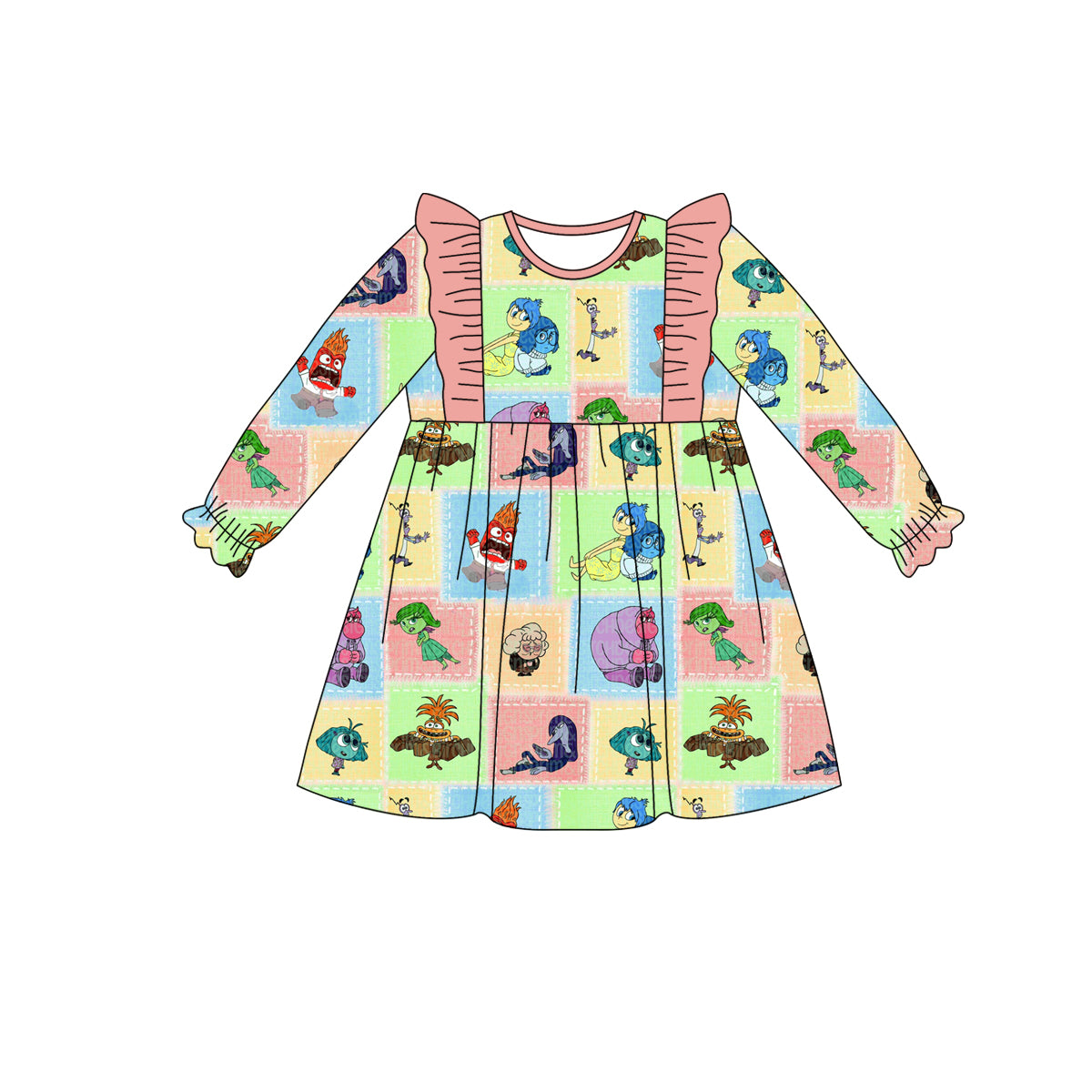 (Custom Design Preorder MOQ 5) Cartoon Figure Inside Out Print Girls Knee Length Dress