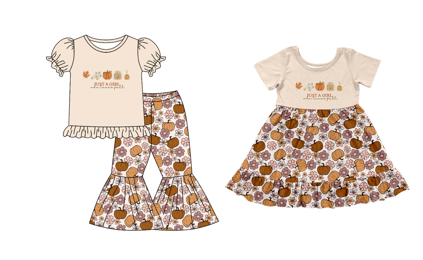 5.23(Custom Design Preorder MOQ 5 Each Design) Pumpkin Flowers Print Girls Fall Matching Clothes Sisters Wear