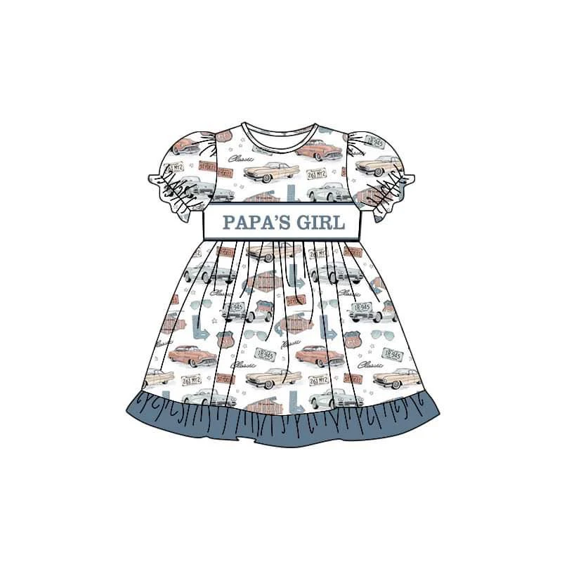 (Custom Design Preorder MOQ 5) PAPA'S GIRL Cars Print Girls Knee Length Dress