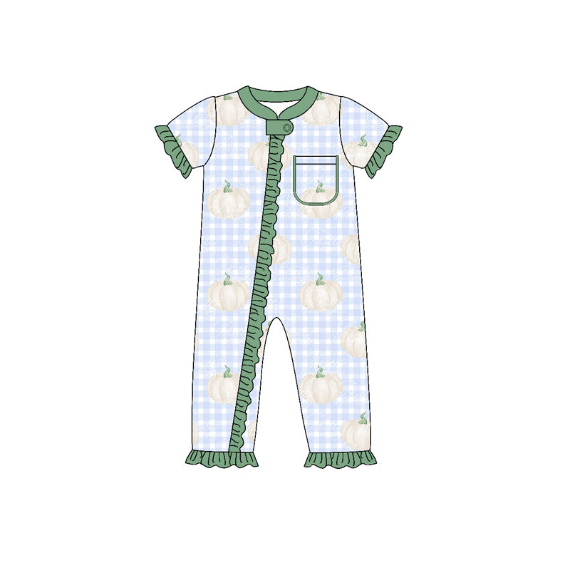 (Custom Design Preorder MOQ 5) Pumpkin Print Baby Girls Fall Zipper Romper