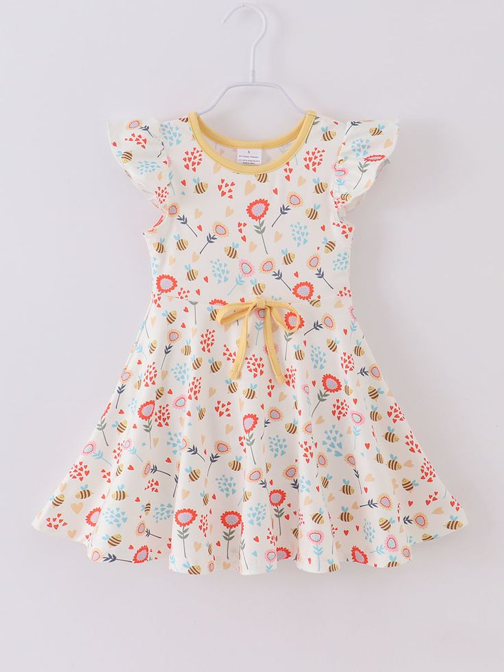 (Custom Design Preorder MOQ 5) Flowers Bee Print Girls Knee Length Summer Dress