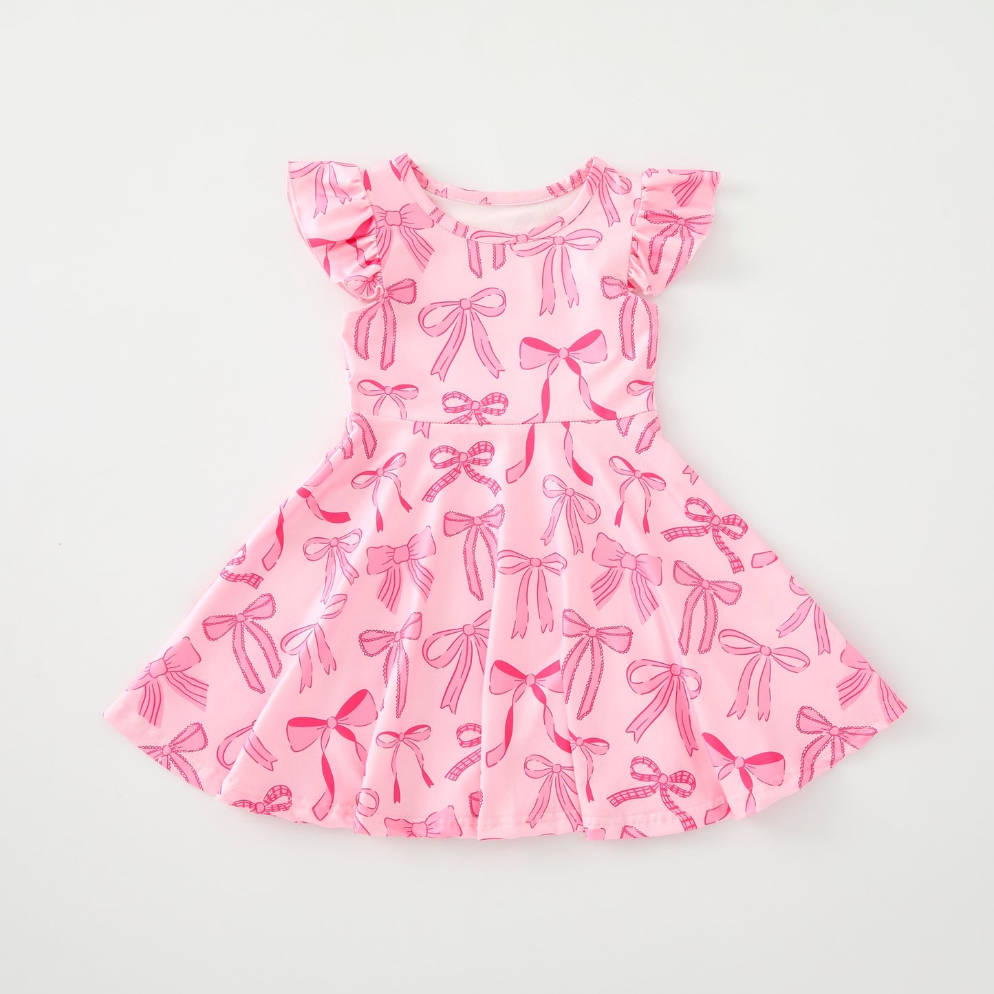 (Custom Design Preorder MOQ 5 ) Pink Bows Print Girls Summer Knee Length Dress