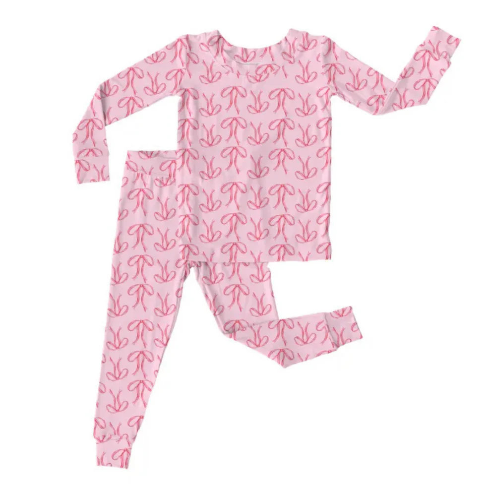(Custom Design Preorder MOQ 20) Pink Bows Print Girls Bamboo Pajamas Clothes Set