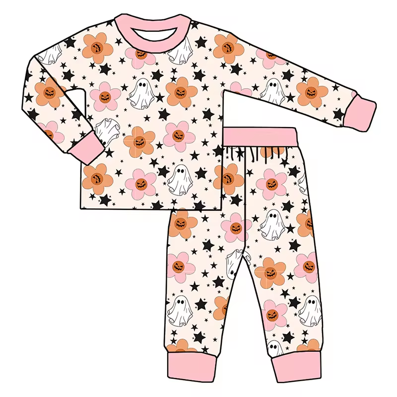 (Custom Design Preorder MOQ 5) Ghost Pumpkin Flowers Print Girls Halloween Pajamas Clothes Set