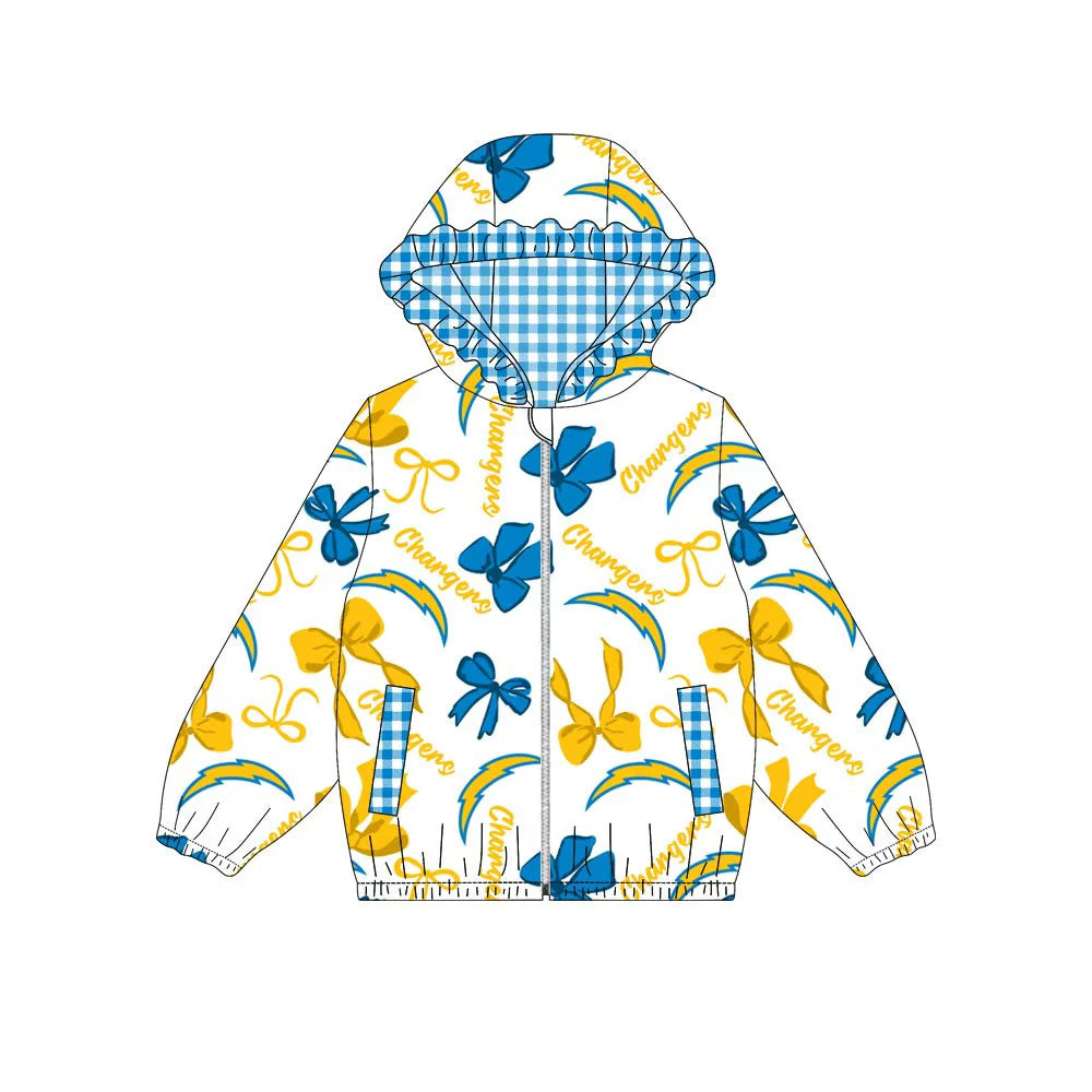 (Custom Design Preorder MOQ 5) Team's Chargers Bows Print Pockets Girls Long Sleeve Zipper Jackets Top