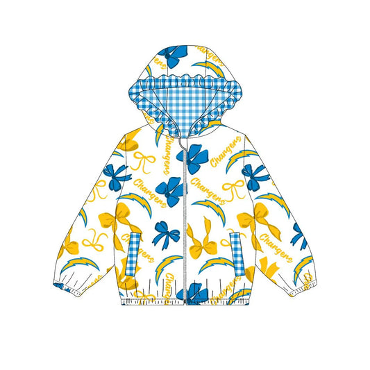 (Custom Design Preorder MOQ 5) Team's Chargers Bows Print Pockets Girls Long Sleeve Zipper Jackets Top