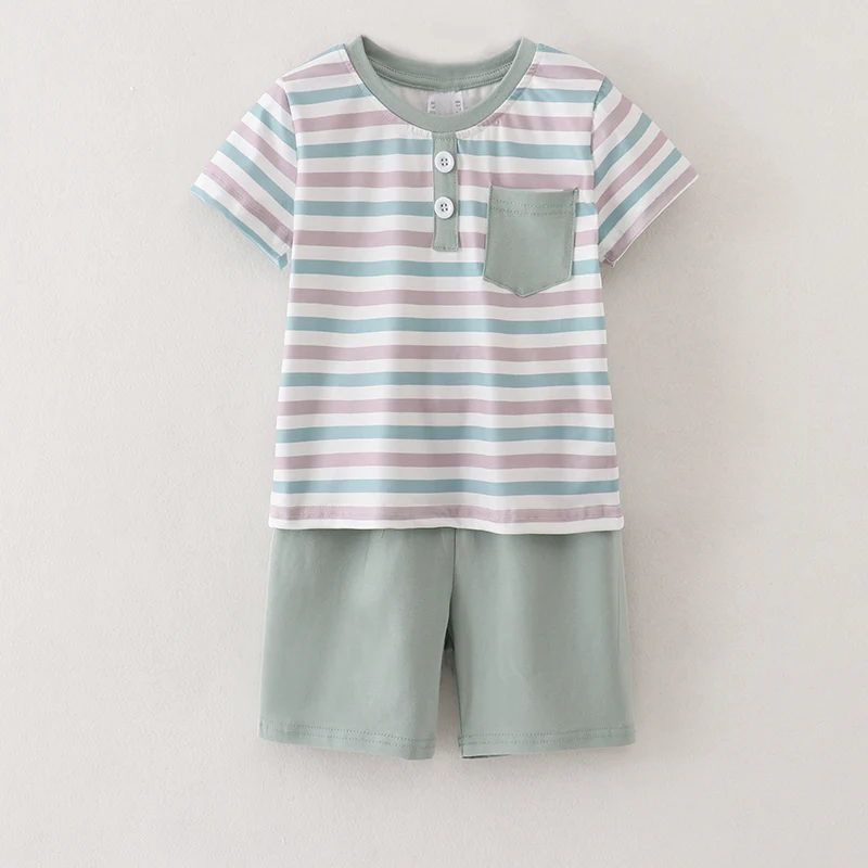 (Custom Design Preorder MOQ 5) Stripes Print Polo Top Boys Summer Clothes Set