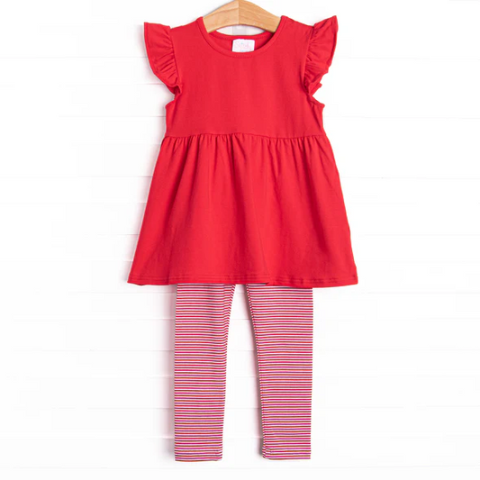 (Custom Design Preorder MOQ 5) Red Tunic Top Stripes Pants Girls Clothes Set