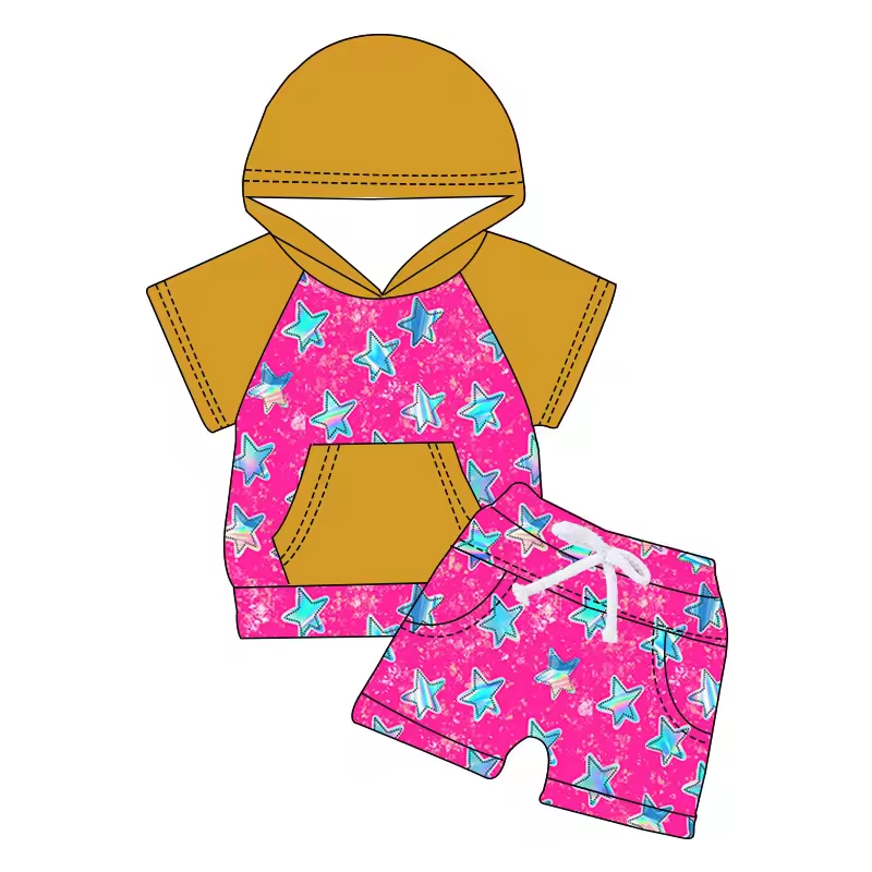 (Custom Design Preorder MOQ 5) Mustard Hoodie Top Stars Shorts Boys Summer Clothes Set