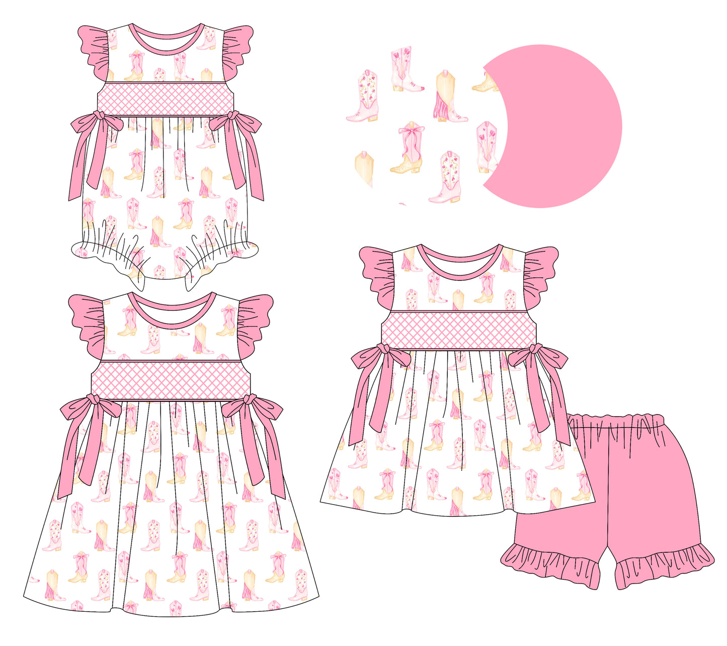 3.8(Custom Design Preorder MOQ 5 Each Design) Boots Pink Print Girls Summer Matching Clothes Sisters Wear