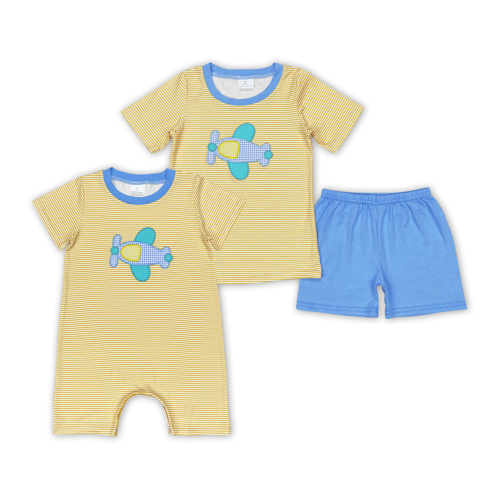 Plane Embroidery Stripes Print Brothers Summer Matching Clothes