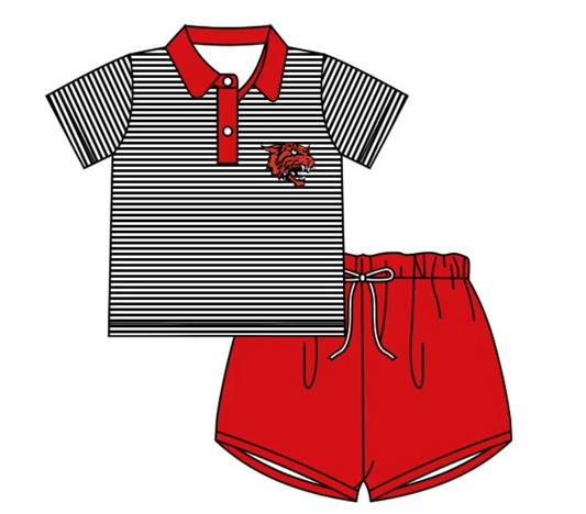 (Custom Design Preorder MOQ 5) Team's WILD CAT Polo Top Red Shorts Boys Summer Clothes Set