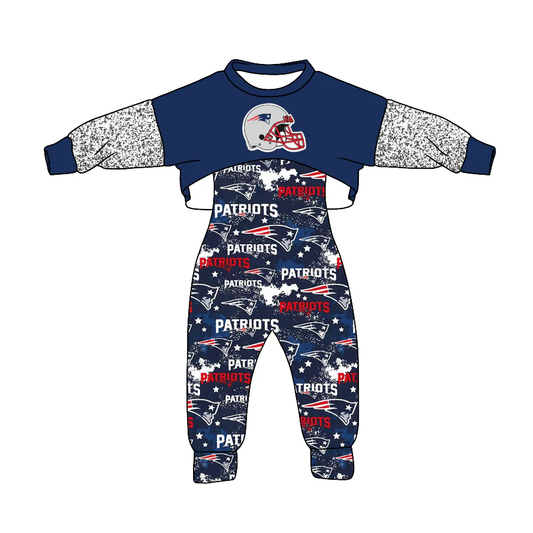 (Custom Design Preorder MOQ 5) Team's PATRIOTS Print Jumpsuits Girls Fall Clothes Set