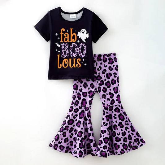 (Custom Design Preorder MOQ 5) Spooky Top Leopard Bell Pants Girls Halloween Clothes Set