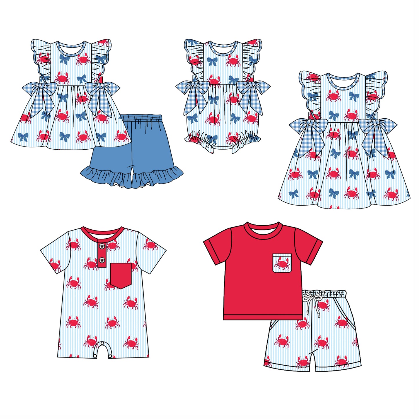 12.5 (Custom Design Preorder MOQ 5 Each Design) Crab Bows Stripes Print Kids Summer Matching Clothes Sibling Wear