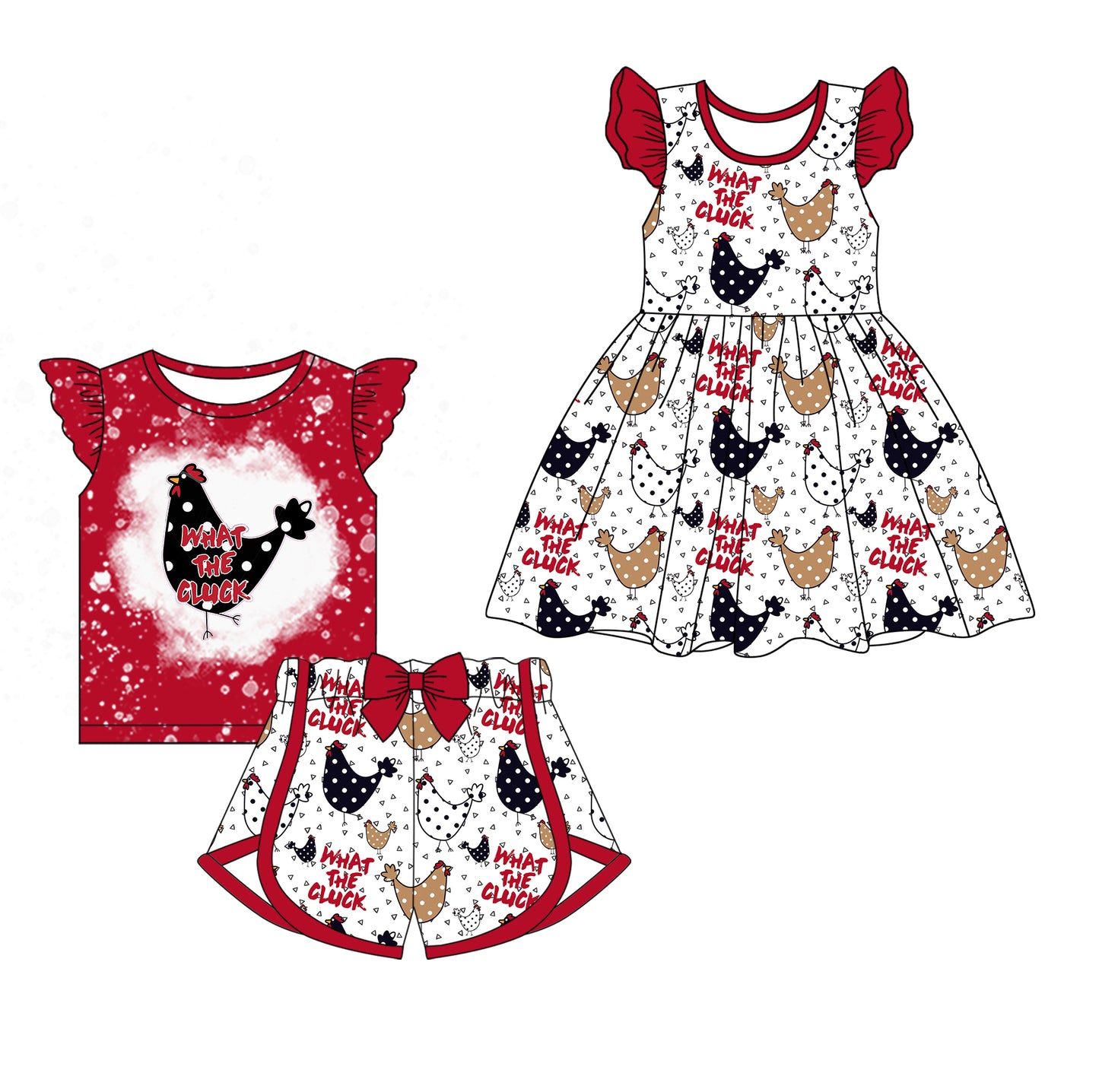 2.12(Custom Design Preorder MOQ 5 Each Design) Chicken Red Print Girls Summer Matching Clothes Sisters Wear
