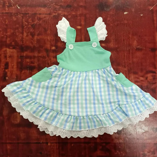 (Custom Design Preorder MOQ 5) Green Plaid Print Pockets Girls Summer Knee Length Dress
