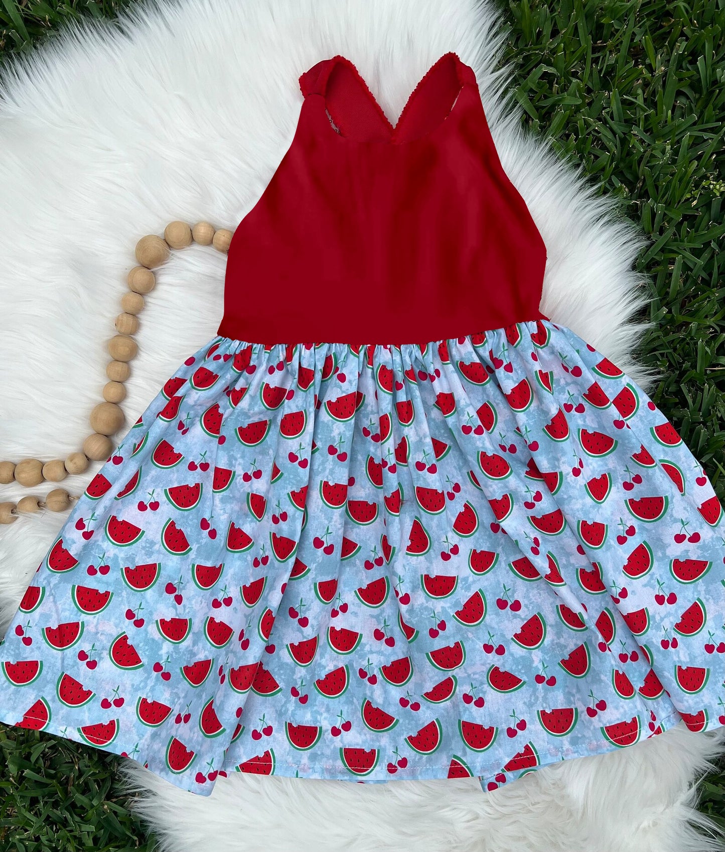 (Custom Design Preorder MOQ 5) Watermelon Cherry Print Girls Knee Length Summer Dress