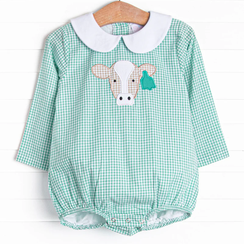 (Custom Design Preorder MOQ 5) Cows Green Plaid Print Baby Boys Fall Romper