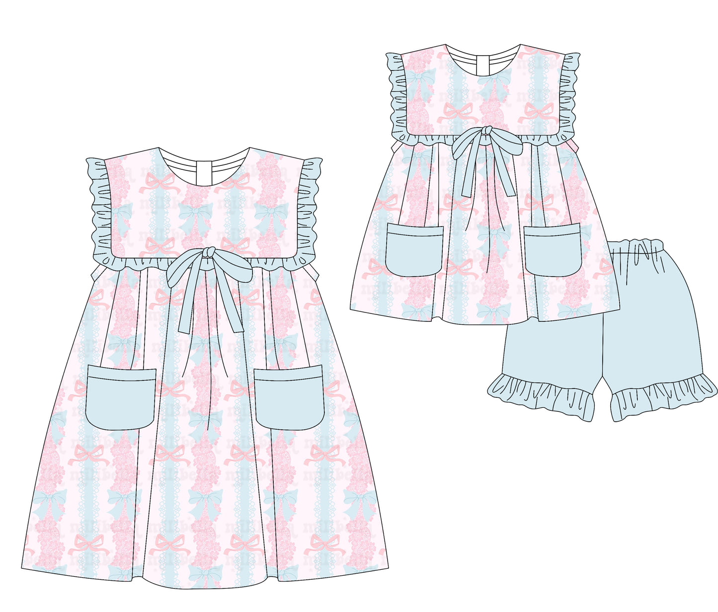3.5(Custom Design Preorder MOQ 5 Each Design) Pink Flowers Bows Print Pockets Girls Summer Matching Clothes Sisters Wear