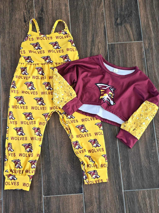 (Custom Design Preorder MOQ 5 ) Team's WOLVES Print Jumpsuits Girls Fall Clothes Set