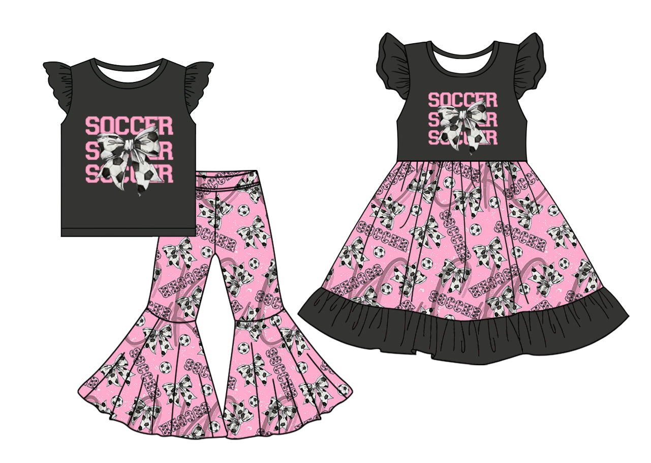 5.2(Custom Design Preorder MOQ 5 Each Design) Soccer Bows Print Girls Matching Clothes Sisters Wear