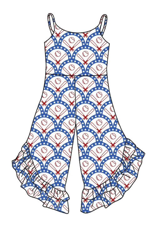 (Custom Design Preorder MOQ 5) Baseball Print Girls Summer Jumpsuits