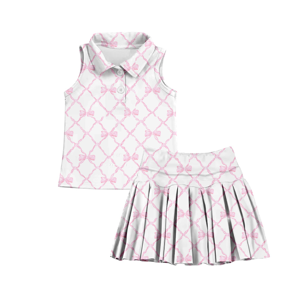 (Custom Design Preorder MOQ 5) Pink Bows Print Shorts Skirts Girls Summer Yoga Clothes Set