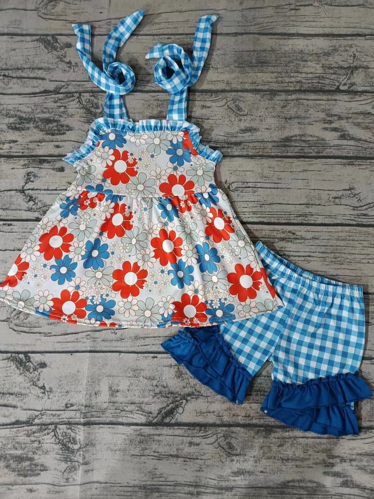 (Custom Design Preorder MOQ 5) Flowers Strap Tunic Top Plaid Shorts Girls Summer Clothes Set