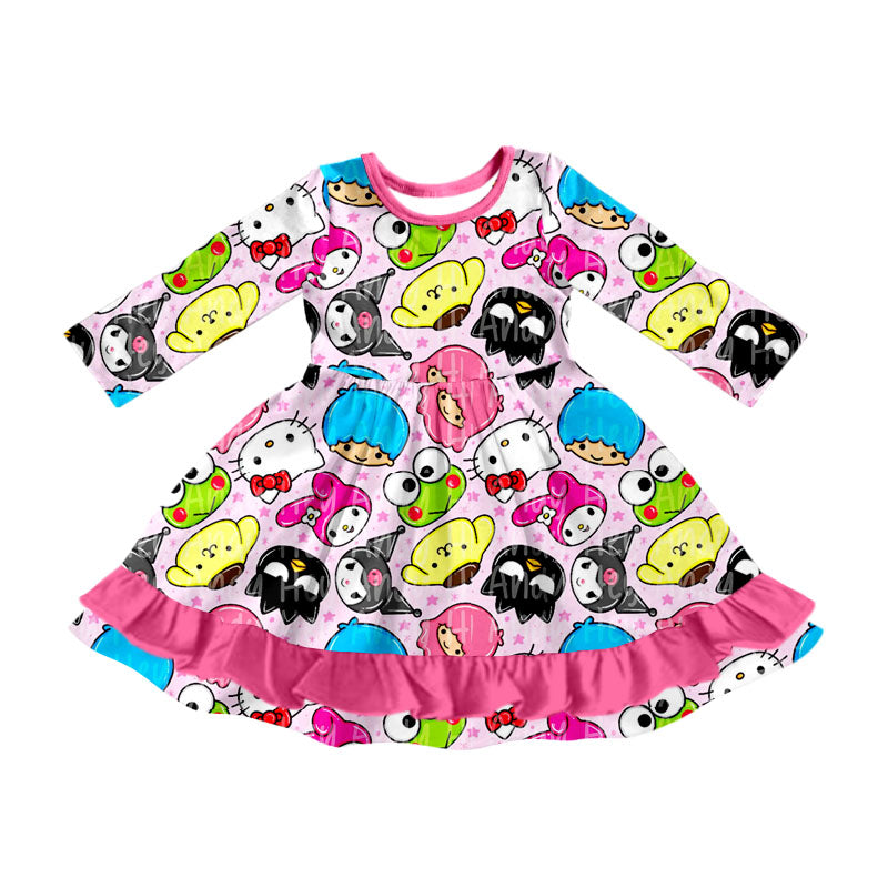 (Custom Design Preorder MOQ 5) Cartoon Animals Print Ruffle Girls Knee Length Dress