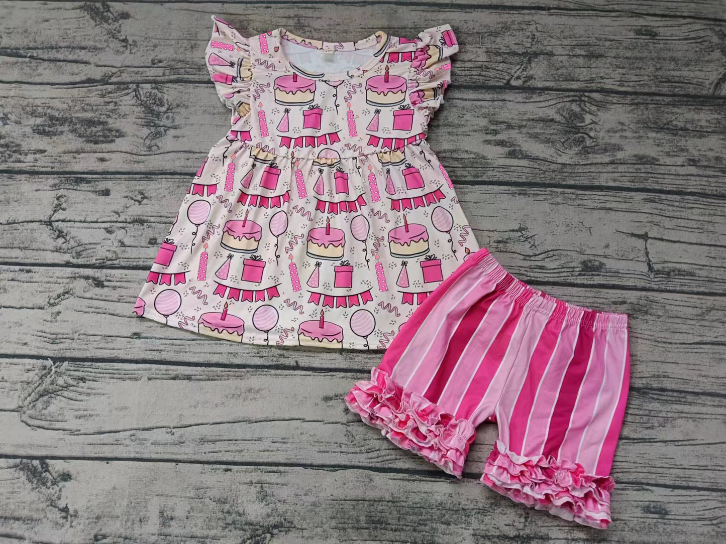(Custom Design Preorder MOQ 5) Pink Cake Print Girls Happy Birthday Summer Clothes Set