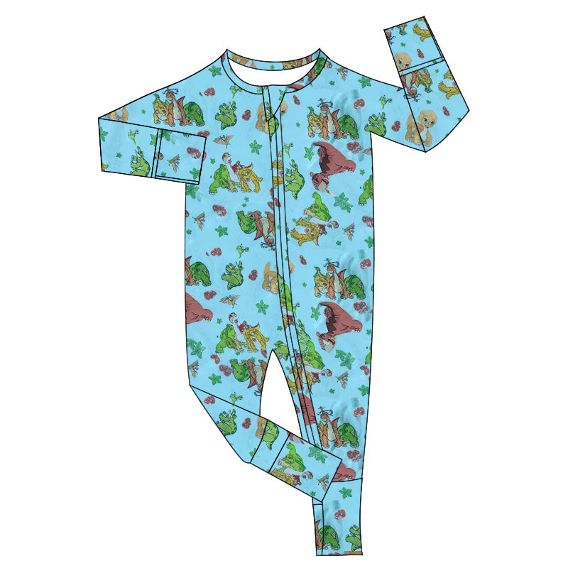 (Custom Design Preorder MOQ 20) Dino Blue Print Baby Boys Bamboo Fall Sleeper Zipper Romper