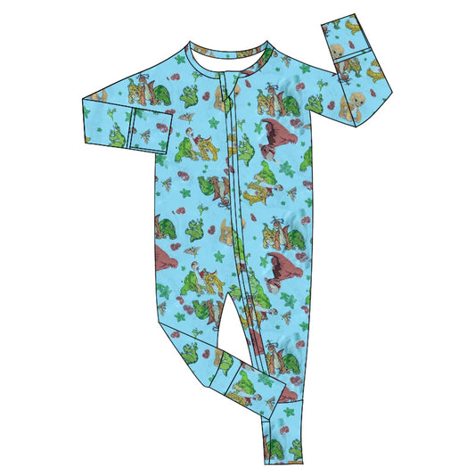 (Custom Design Preorder MOQ 20)  Dino Blue Print Baby Boys Bamboo Fall Sleeper Zipper Romper