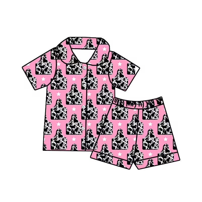 (Custom Design Preorder MOQ 5) Cow Tag Print Girls Summer Pajamas Western Clothes Set