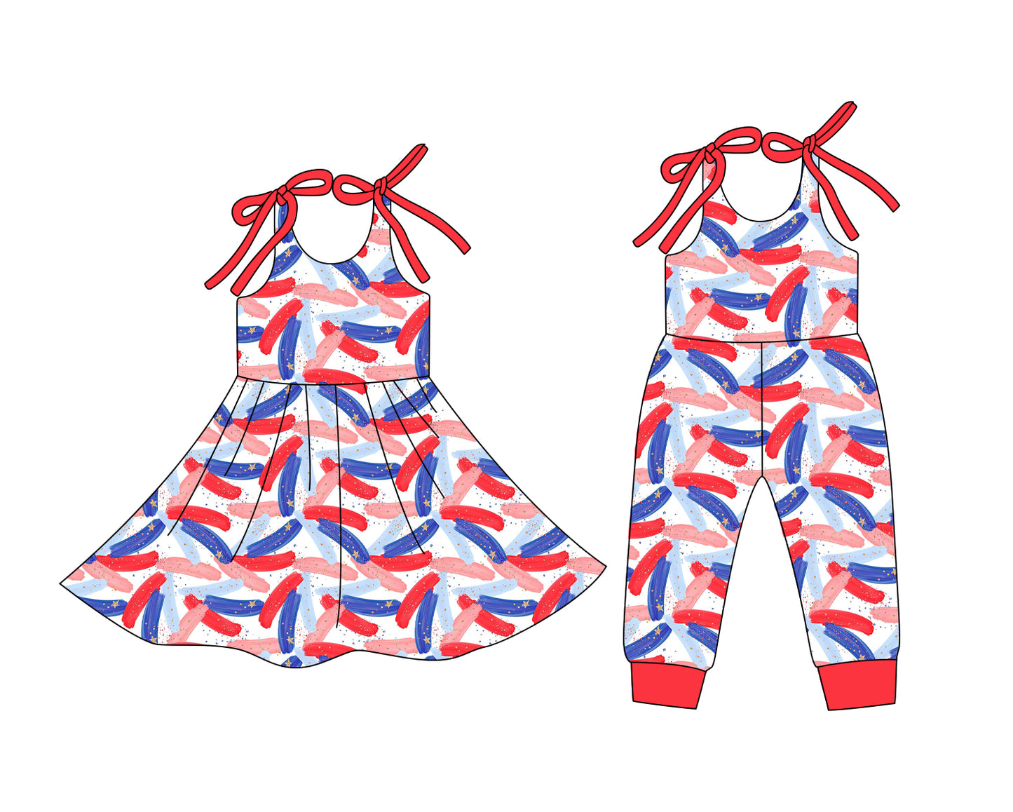 12.24 (Custom Design Preorder MOQ 5 Each Design) Stars Print Girls 4th of July Matching Clothes Sisters Wear