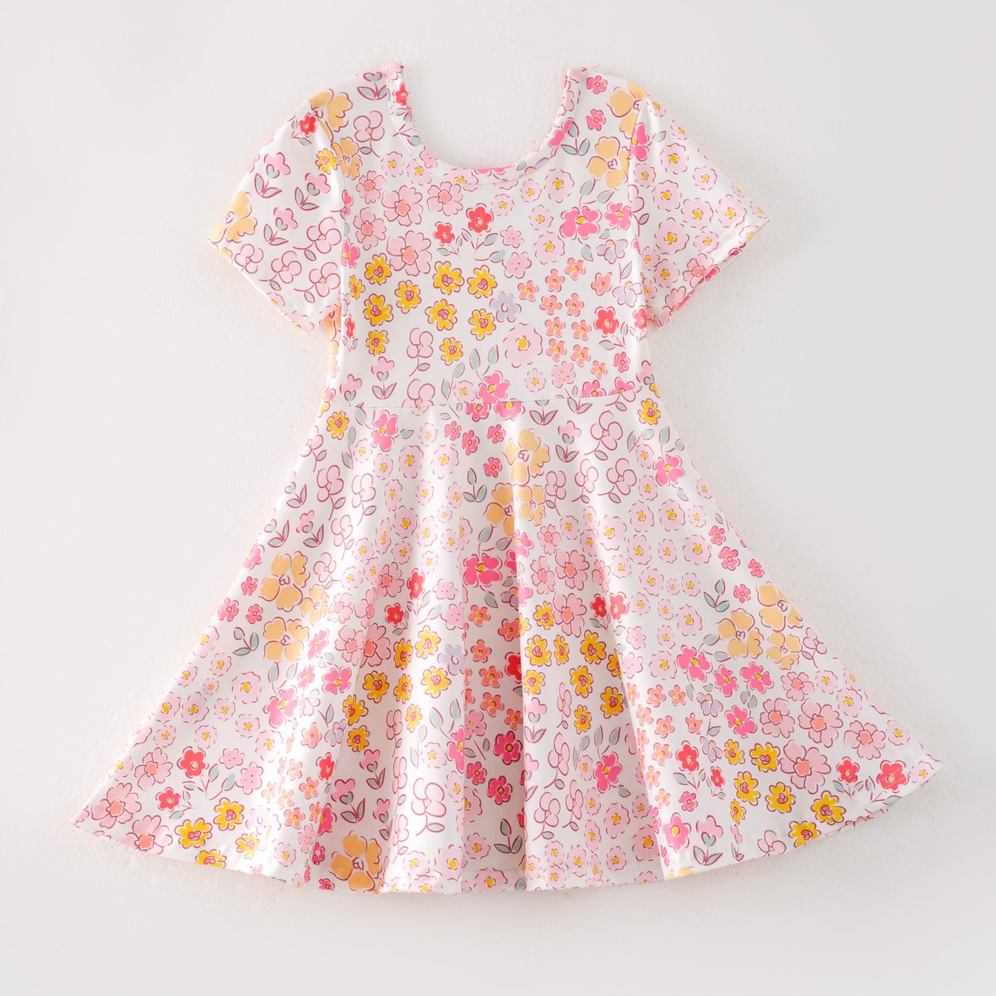 (Custom Design Preorder MOQ 5 ) Colorful Flowers Print Girls Summer Knee Length Dress