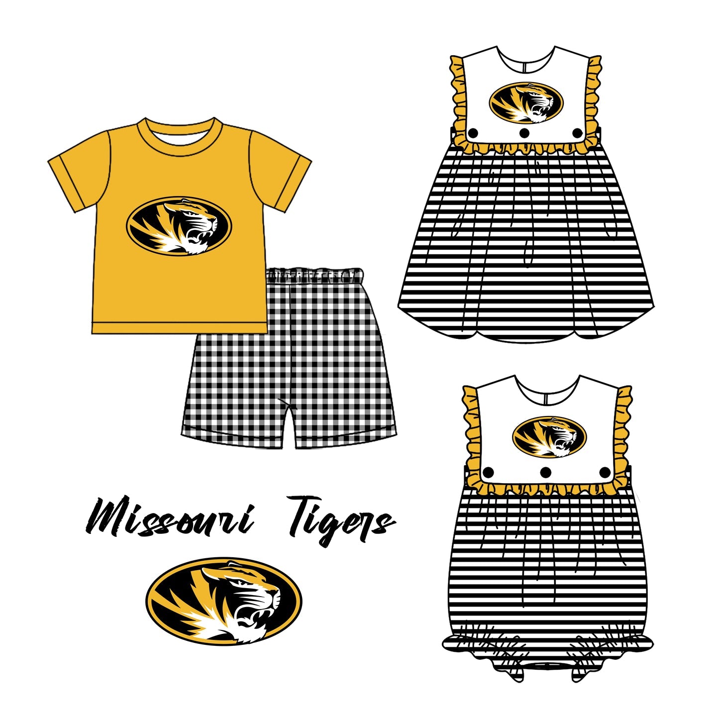 (Custom Design Preorder MOQ 5 Each Design) Team's Missouri Tigers Print Kids Summer Matching Clothes Sibling Wear