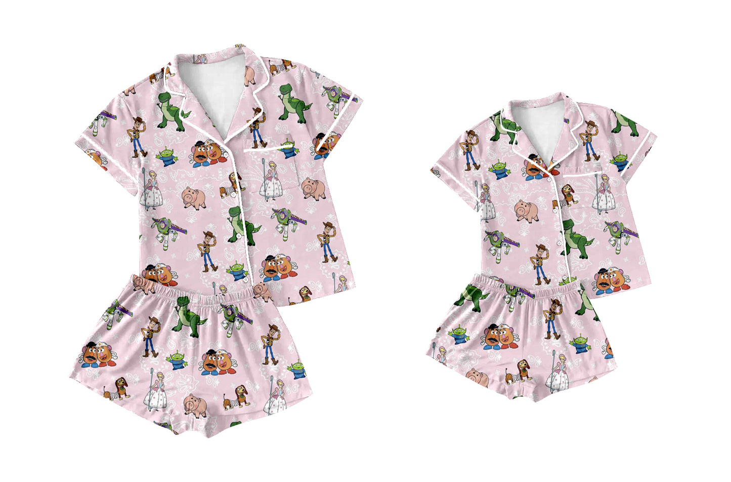 2.7(Custom Design Preorder MOQ 5 Each Design) Cartton Toys Pink Print Buttons Pajamas Sets Mom and Me Summer Matching Clothes