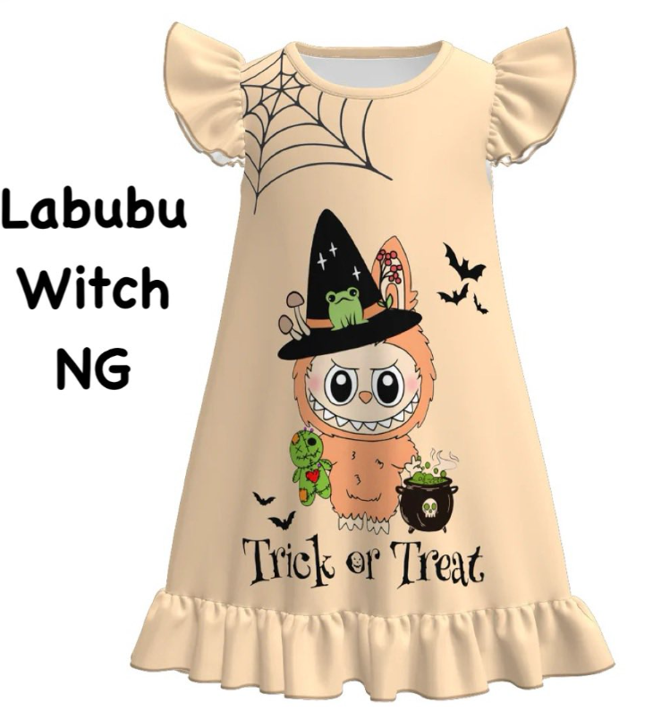 (Custom Design Preorder MOQ 5 ) Cartoon Labub* Witch Print Girls Halloween Knee Length Dress