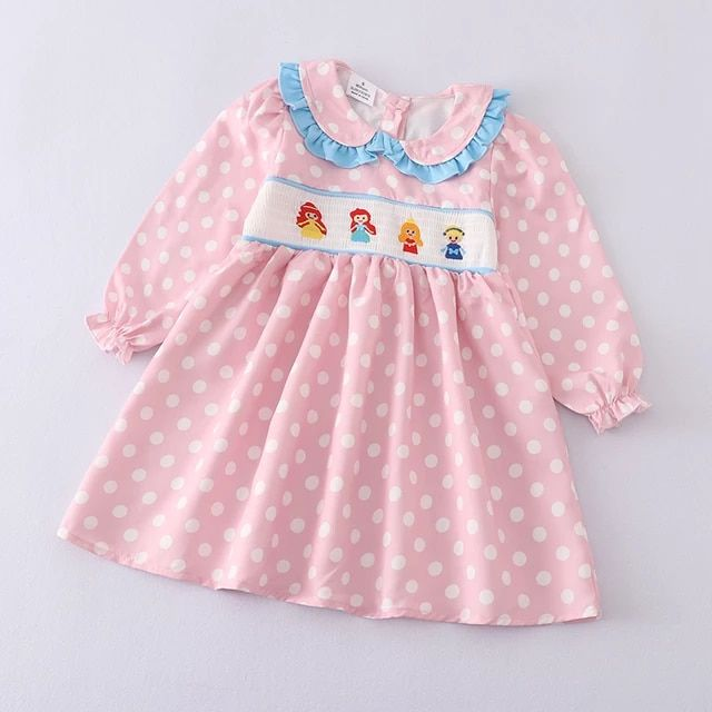 (Custom Design Preorder MOQ 5) Pink Dots Cartoon Princess Print Girls Knee Length Dress