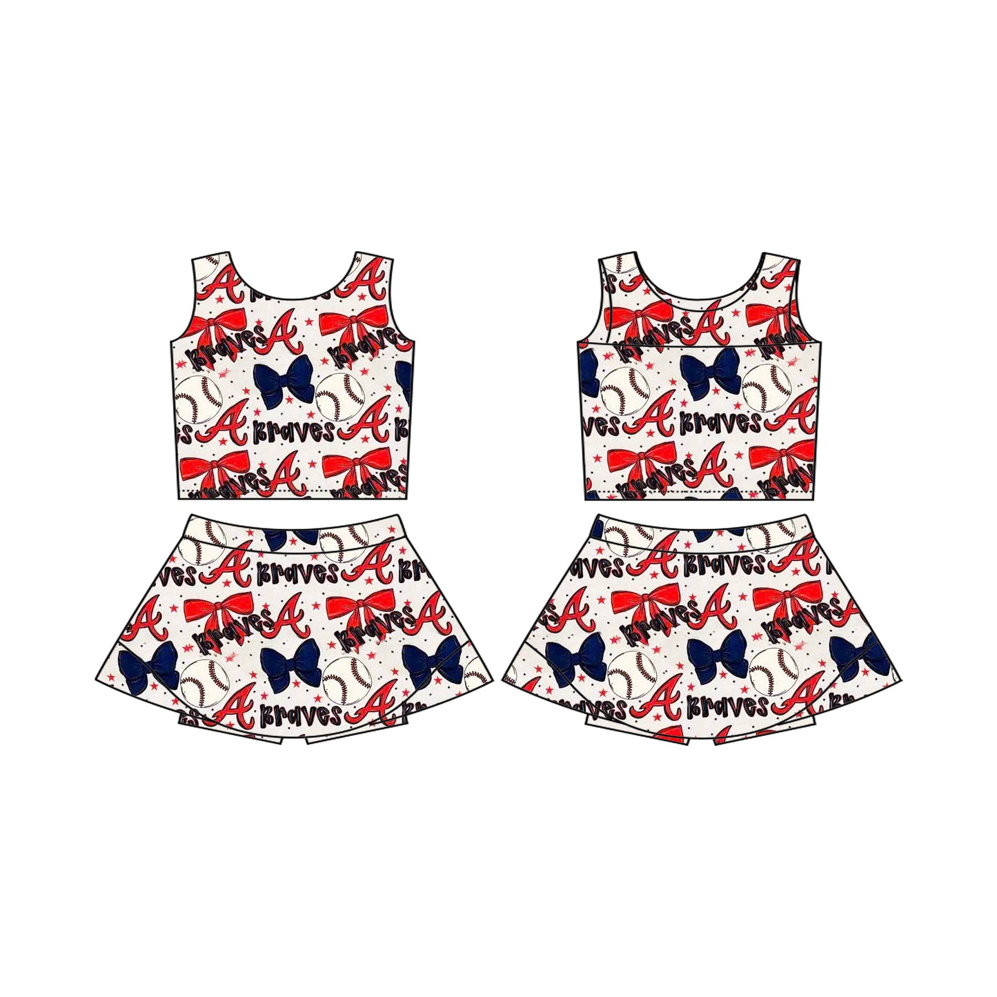 (Custom Design Preorder MOQ 5) Team's BRAVES Baseball Bows Print Shorts Skirts Girls Summer Yoga Clothes Set