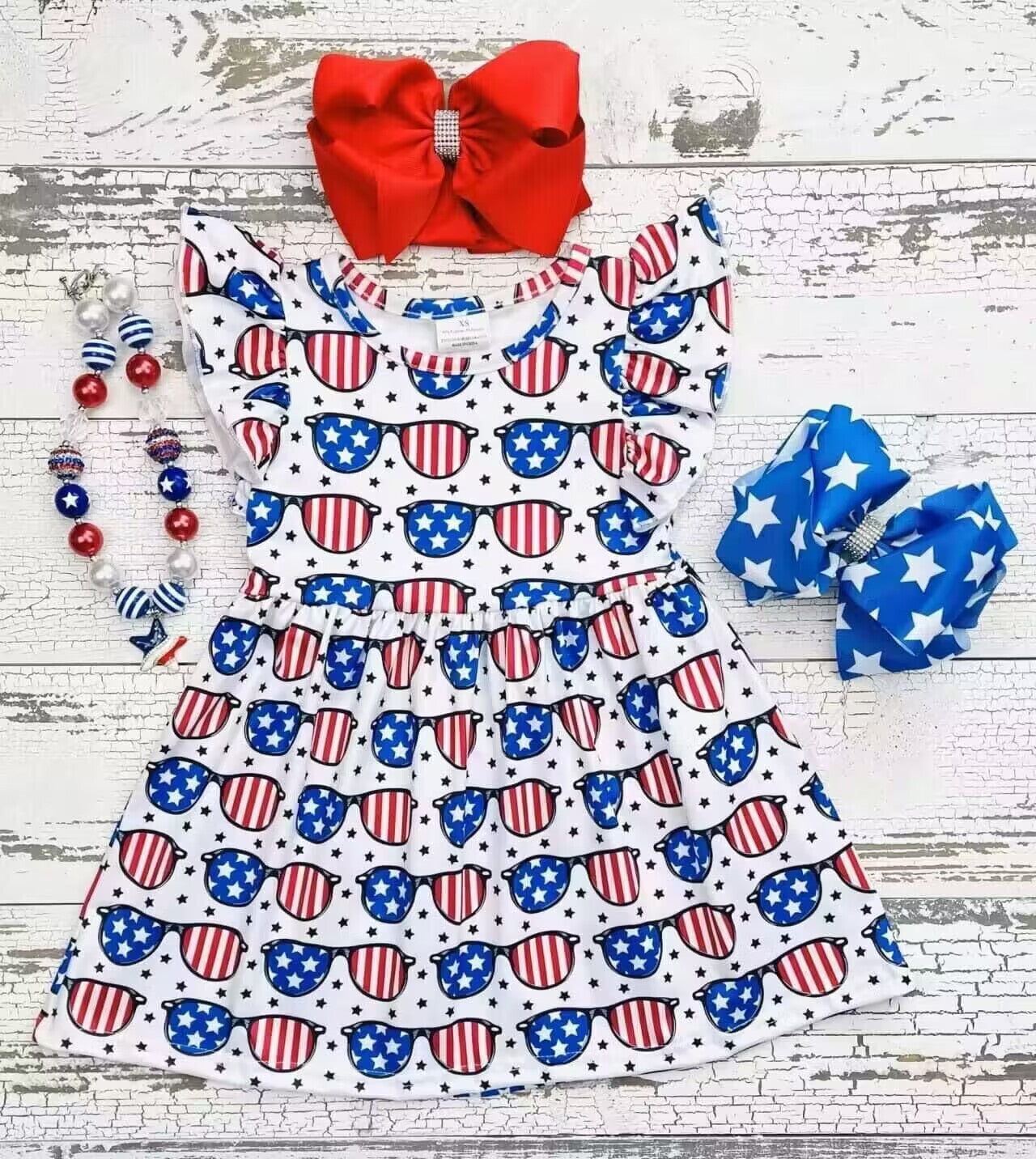 (Custom Design Preorder MOQ 5) Stars Print Girls Knee Length 4th of July Dress
