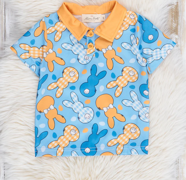 (Custom Design Preorder MOQ 5) Bunny Blue Print Boys Easter Polo Tops