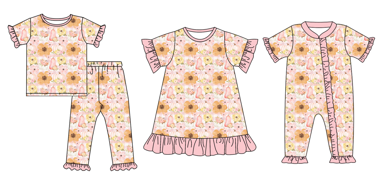 5.24(Custom Design Preorder MOQ 5 Each Design) Pumpkin Flowers Print Girls Fall Matching Clothes Sisters Wear