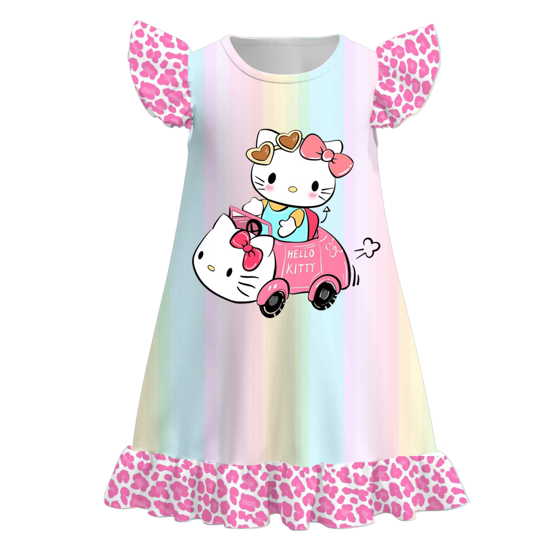(Custom Design Preorder MOQ 5) Cartoon Cat Print Girls Knee Length Summer Dress