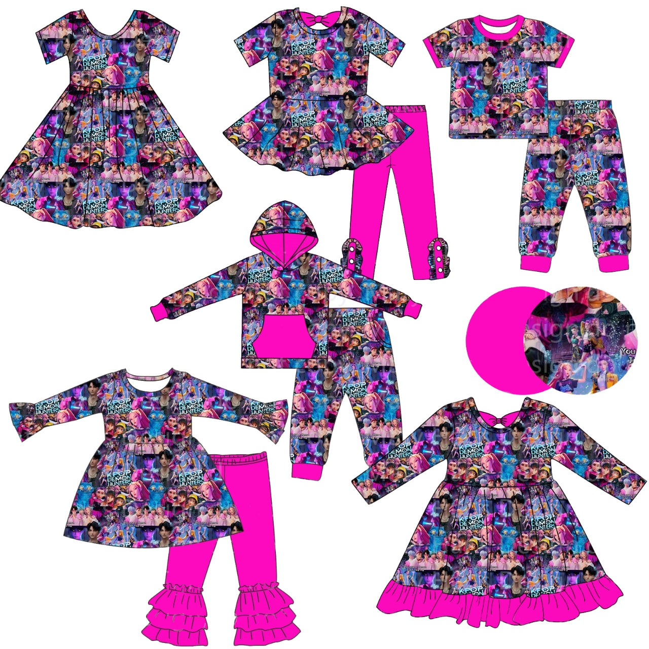 (Custom Design Preorder MOQ 5 Each Item) Cartoon KPOP Character Hot Pink Print Girls Matching Clothes