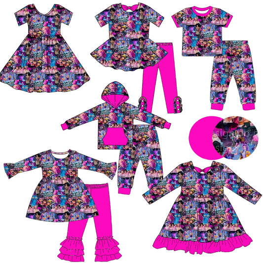 (Custom Design Preorder MOQ 5 Each Item) Cartoon KPOP Character Hot Pink Print Girls Matching Clothes